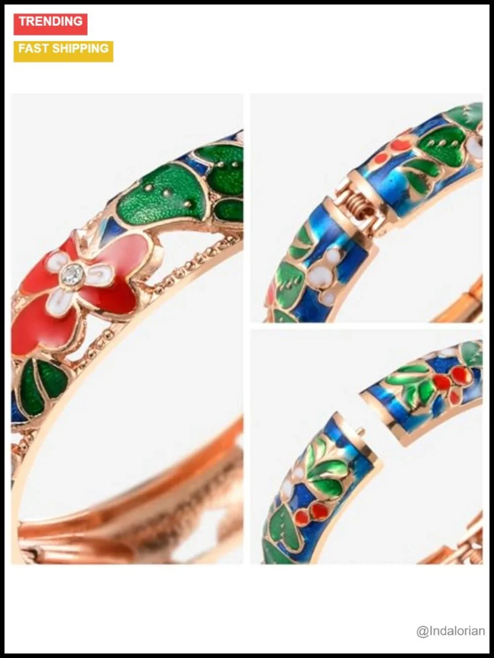 Vintage Enameled Butterfly Flower Rhinestone Hinged Cuff Bangle Bracelet